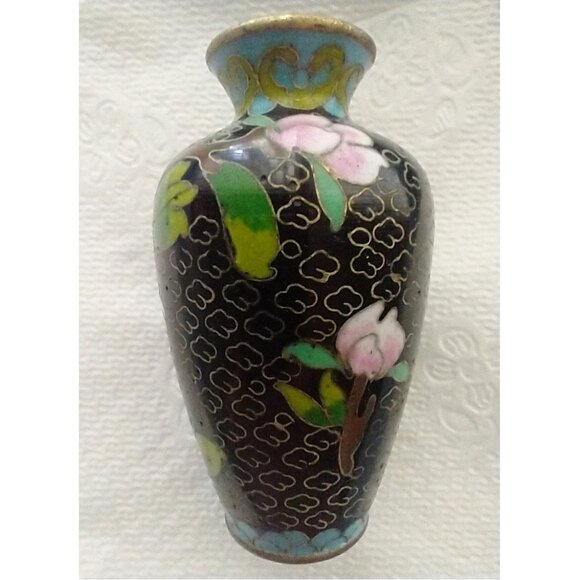 Cloisonne Vase Tiny Vintage Chinese Black Pink Green Blue Floral Design - Picture 4 of 10